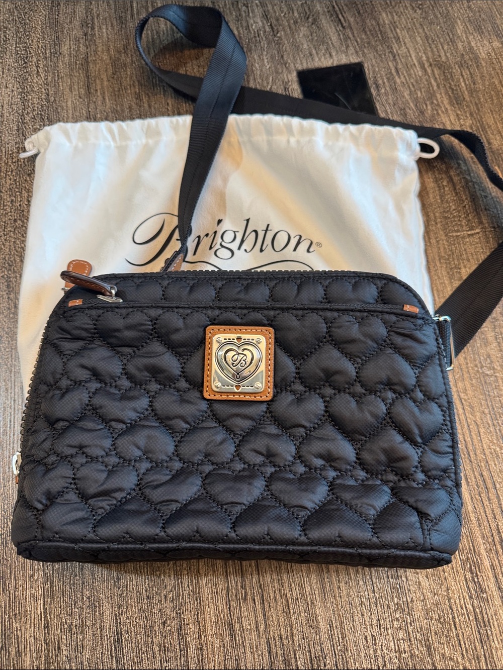 Brighton Black Quilted Heart Crossbody with Metal Logo Plaque